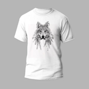 white rounded neck t-shirt with wolf design